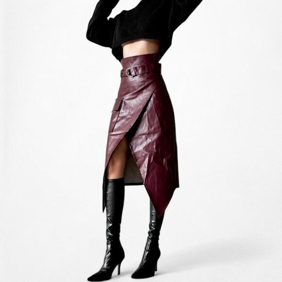 Missguided Burgundy Red Faux Leather Belted Knee Length A-Line Skirt Size 0/XS - Picture 3 of 8